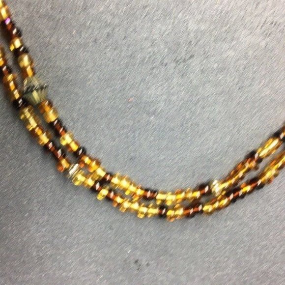 Long Double Strand Necklace Amber Brown Beads Fluted Silver Retro Boho Hippie - Picture 3 of 6